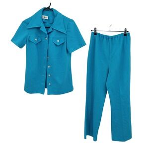 70s Retro Polka Dot Pant Set Short Sleeve Button Up Small Blue Mod Disco Kitsch